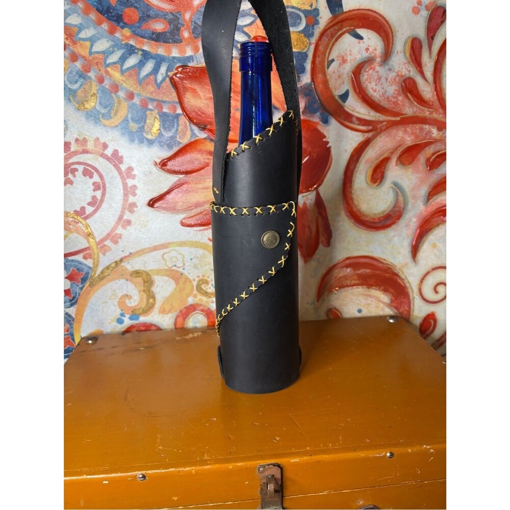 Black Leather Travel Bottle Carrier with Yellow Stitching